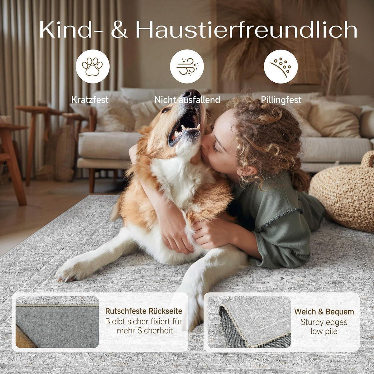Grauer Wohnzimmerteppich 160x230cm – Waschbar & Rutschfest