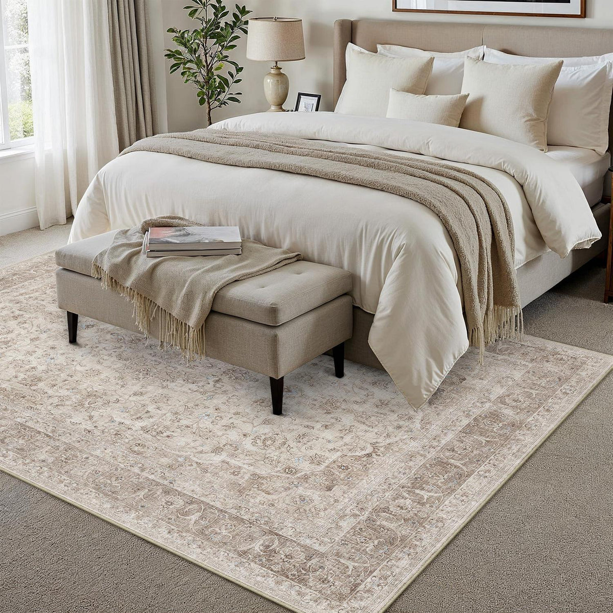 Waschbarer Beige Teppich 160x230cm – Vintage Kurzflor Wohnteppich