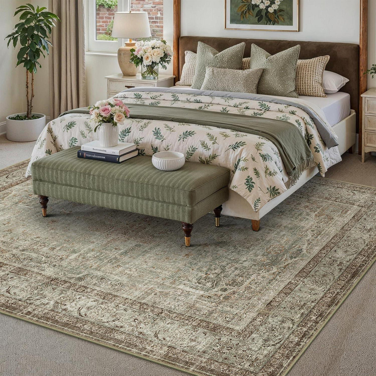 Grüner Braun Wohnzimmerteppich 160x230cm – Waschbar & Vintage