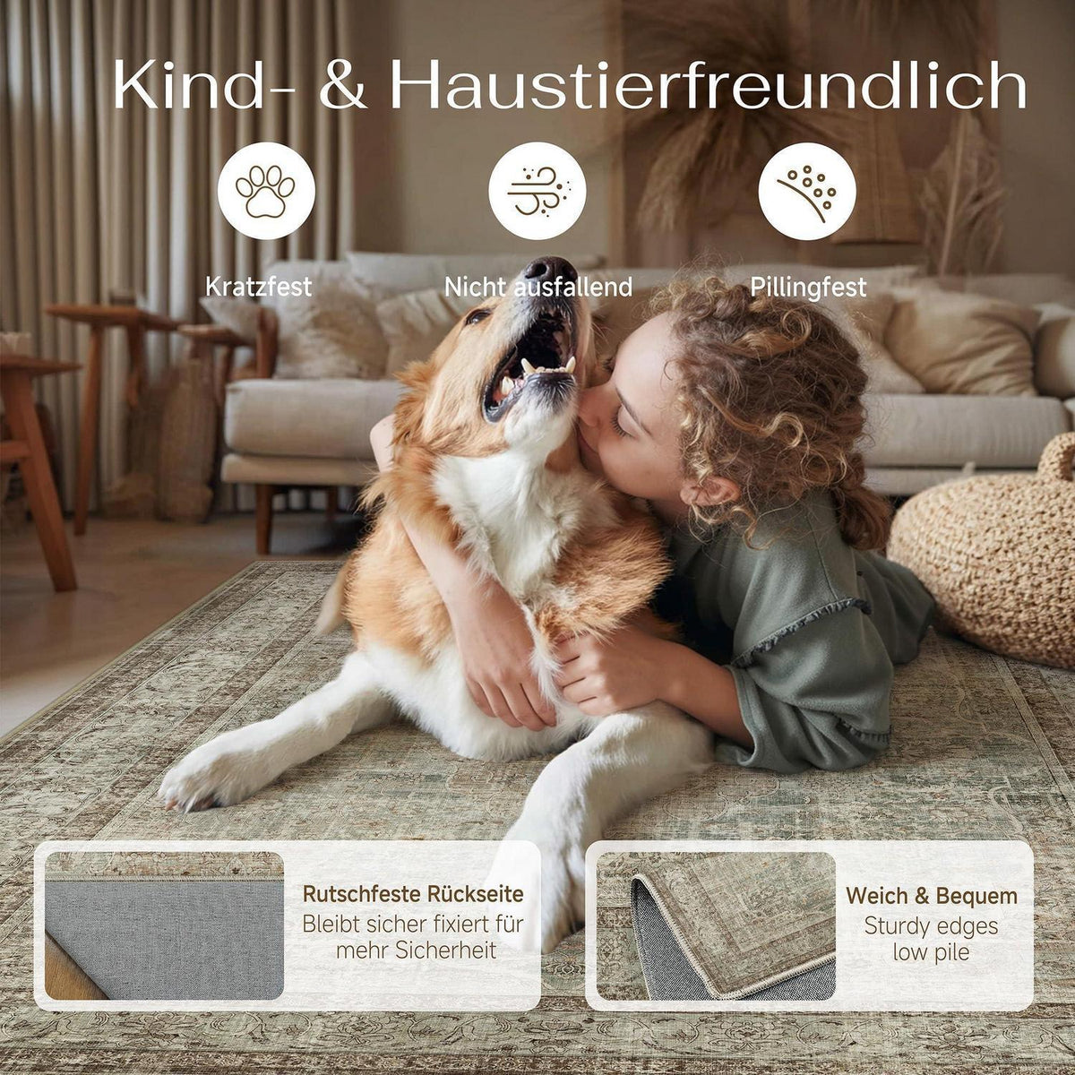 Grüner Braun Wohnzimmerteppich 160x230cm – Waschbar & Vintage
