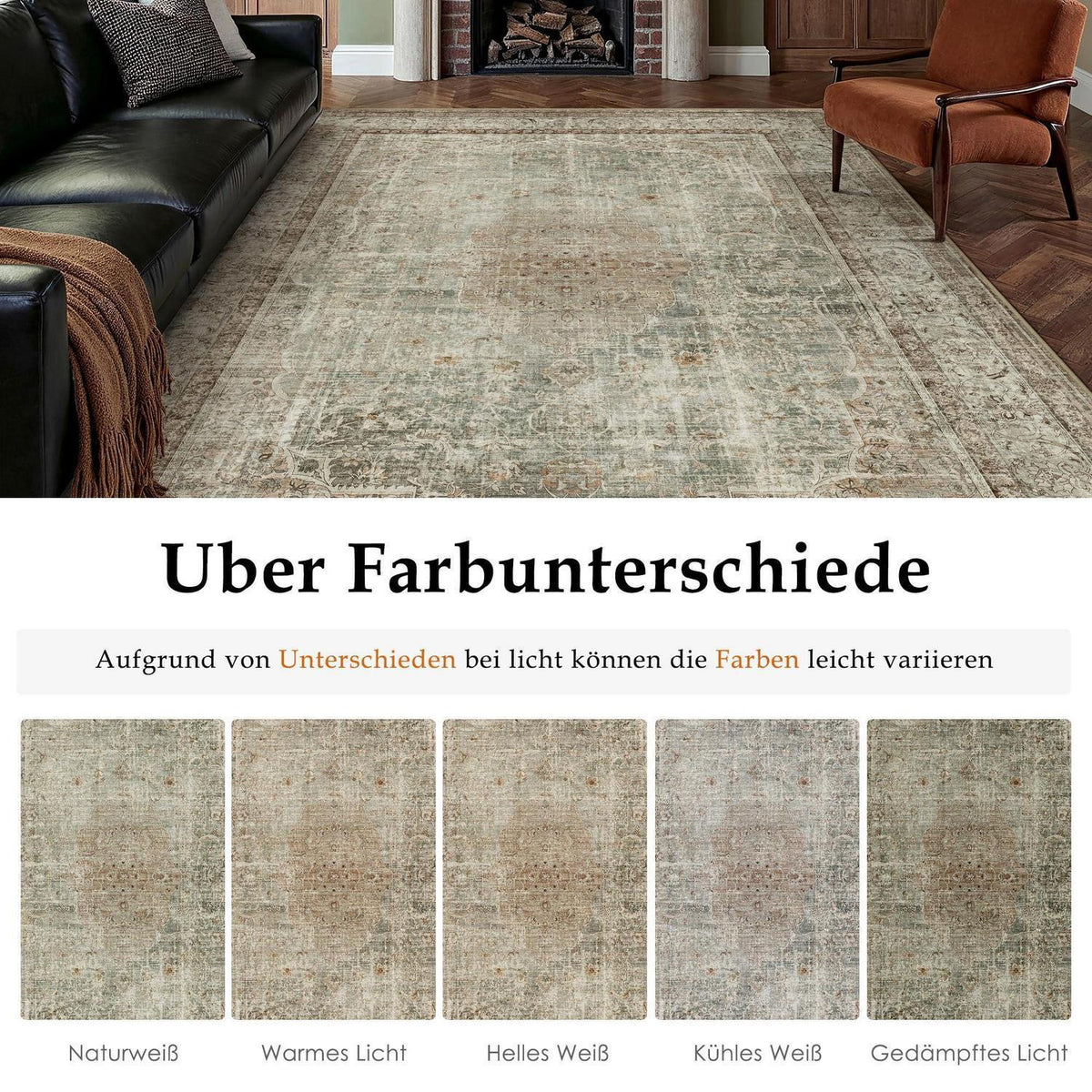 Grüner Braun Wohnzimmerteppich 160x230cm – Waschbar & Vintage
