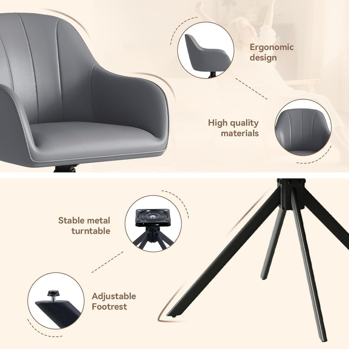 Drehbarer Esszimmerstuhl Set 6x | Grau, Kissen in Lederoptik