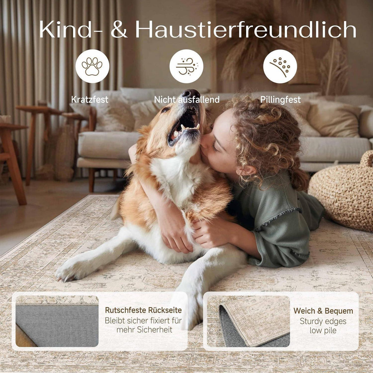Waschbarer Vintage Teppich Beige 200x300cm Kurzflor
