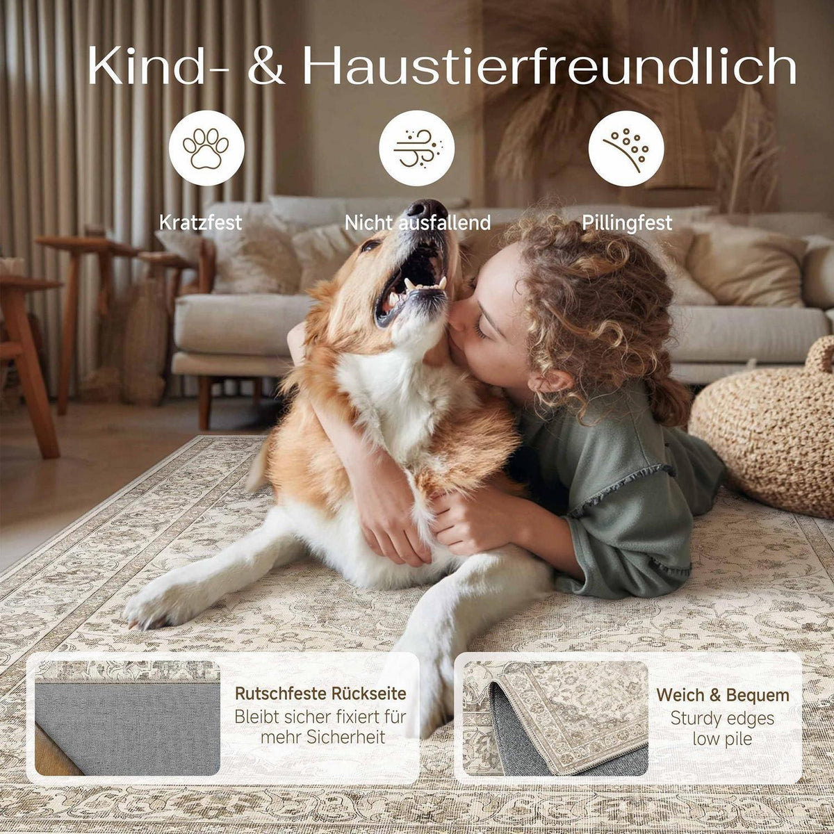 Vintage Teppich Braun 300x400cm – Waschbar & Rutschfest
