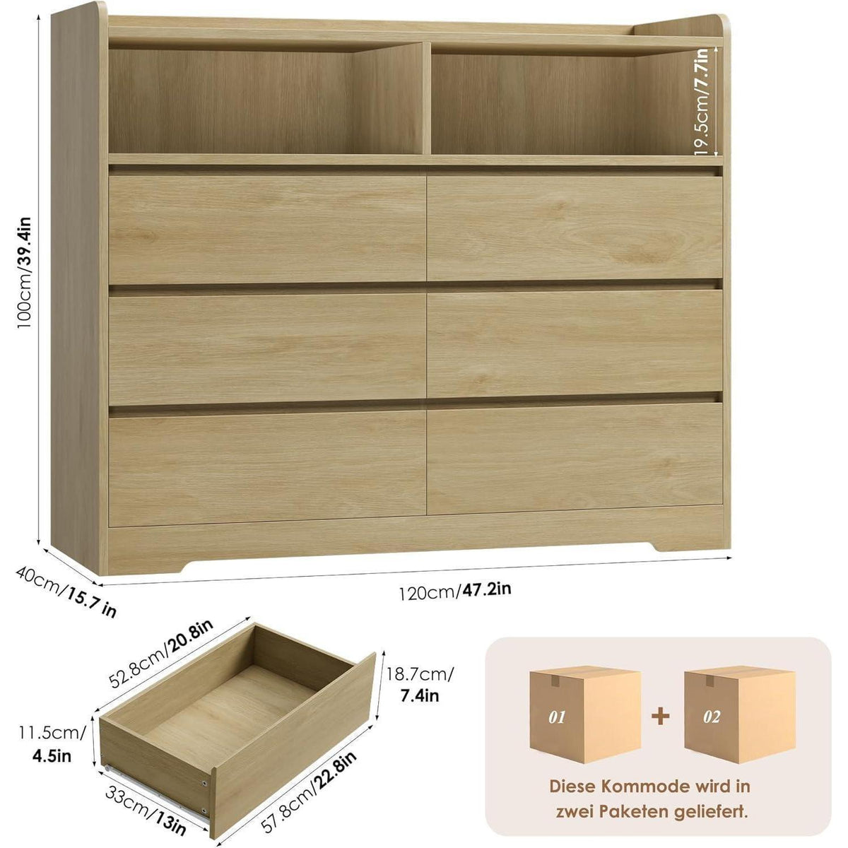 Kommode 6 Schubladen Eiche 120cm - Sideboard für Schlafzimmer