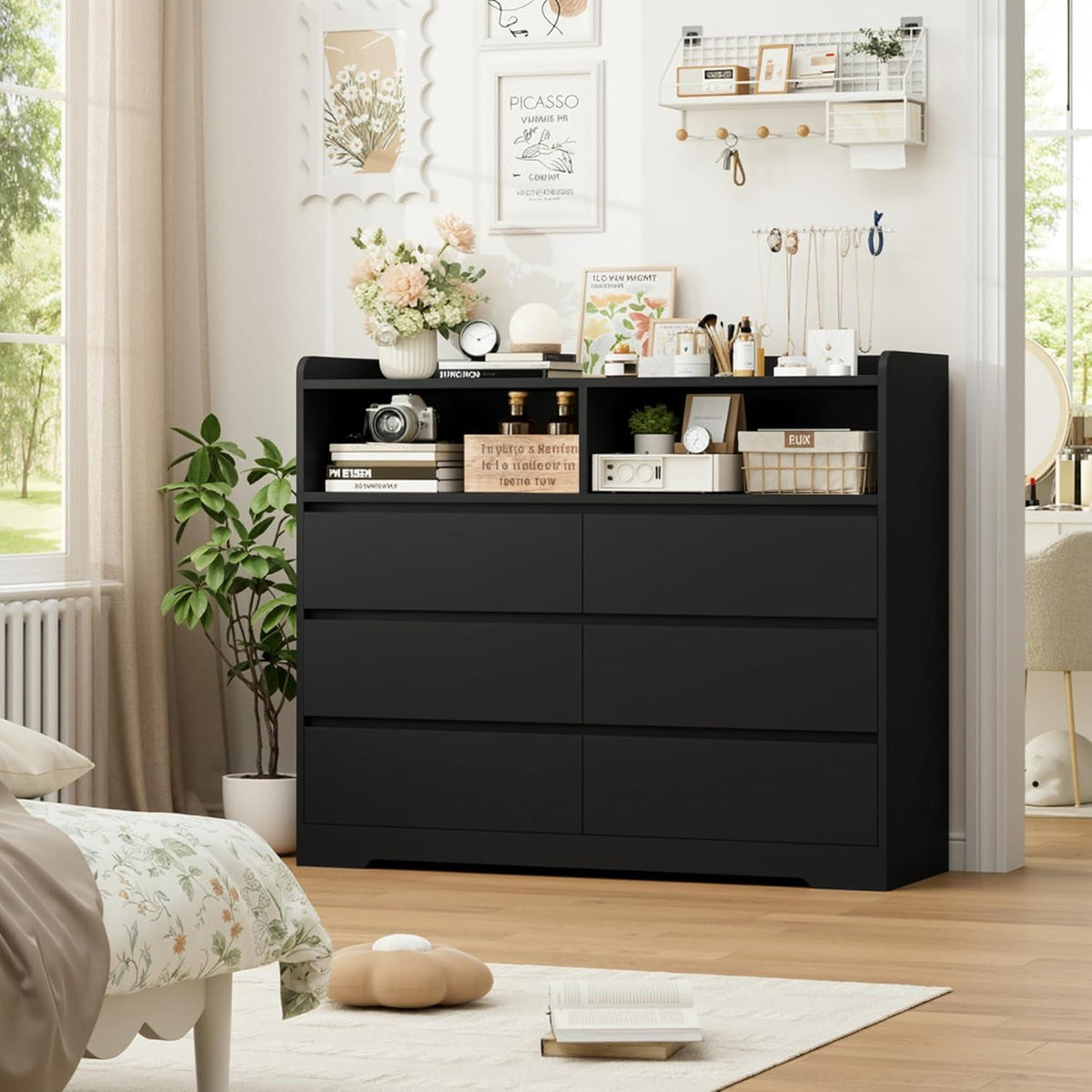 Kommode 120cm Schwarz – 6 Schubladen, Sideboard für Schlafzimmer
