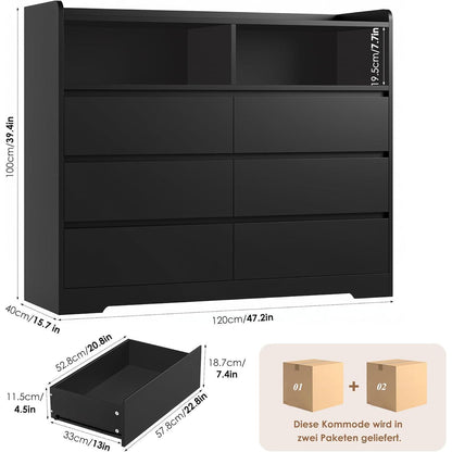 Kommode 120cm Schwarz – 6 Schubladen, Sideboard für Schlafzimmer