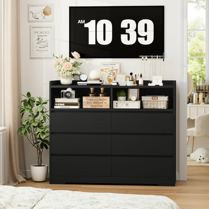 Kommode 120cm Schwarz – 6 Schubladen, Sideboard für Schlafzimmer