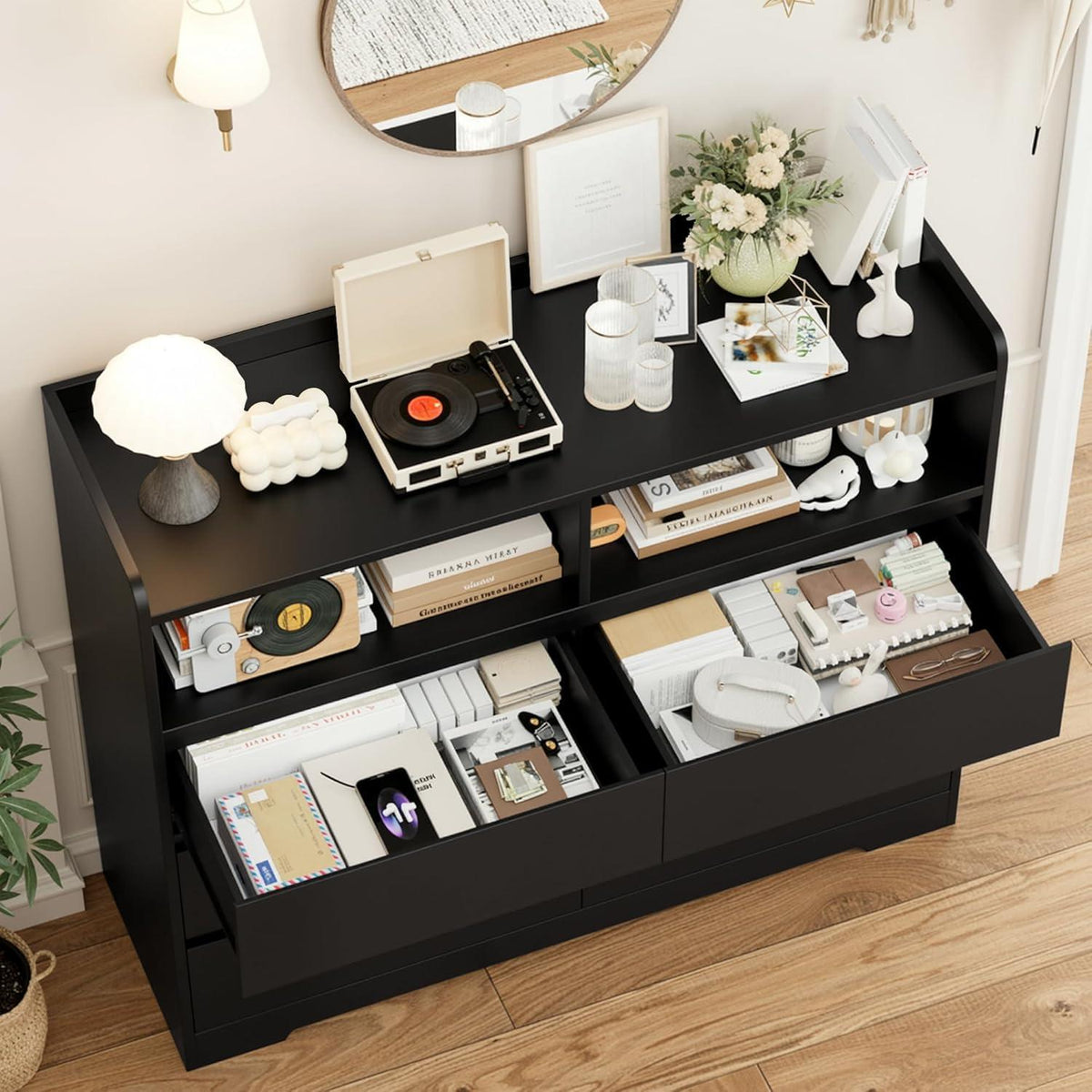 Kommode 120cm Schwarz – 6 Schubladen, Sideboard für Schlafzimmer