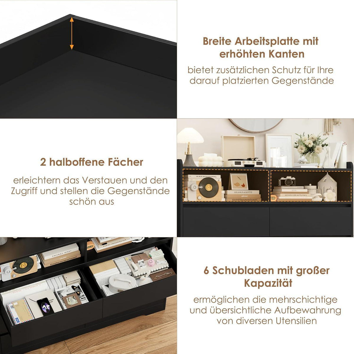 Kommode 120cm Schwarz – 6 Schubladen, Sideboard für Schlafzimmer