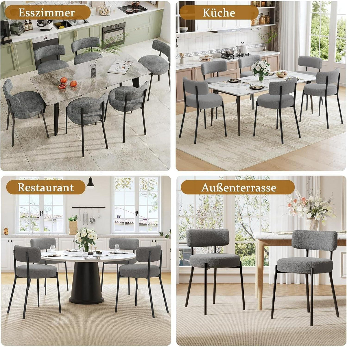 Esszimmerstühle 2er Set Grau – Bouclé Stoff & Metallbeine