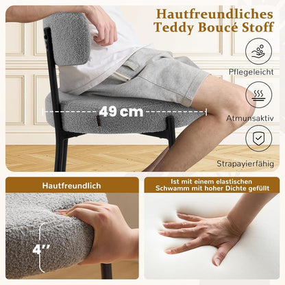 Esszimmerstühle 2er Set Grau – Bouclé Stoff & Metallbeine