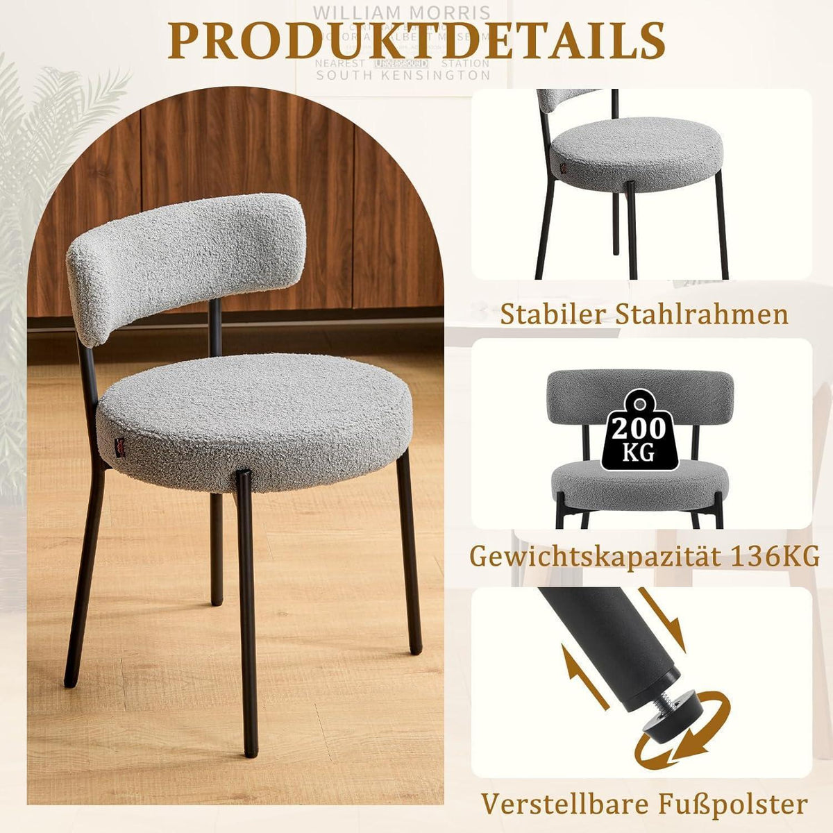 Esszimmerstühle 2er Set Grau – Bouclé Stoff & Metallbeine