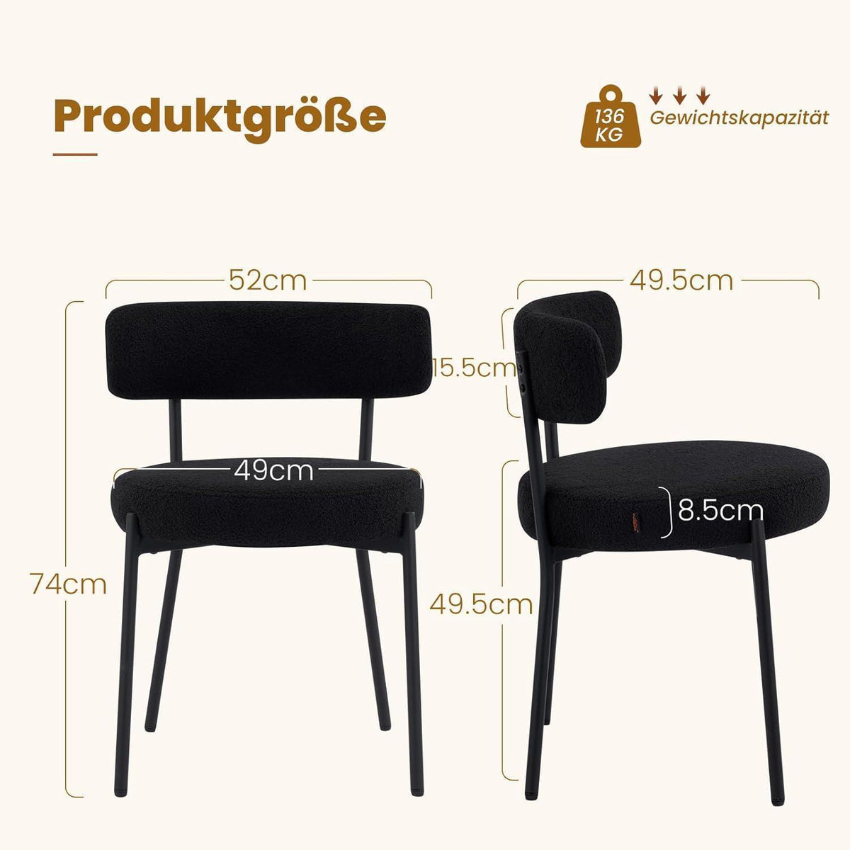 Esszimmerstühle 4er Set mit Teddy Boucle Stoff & Metallbeinen Schwarz