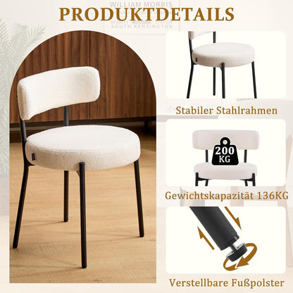 Esszimmerstühle 6er Set mit Boucle Stoff & Metallbeinen Weiß