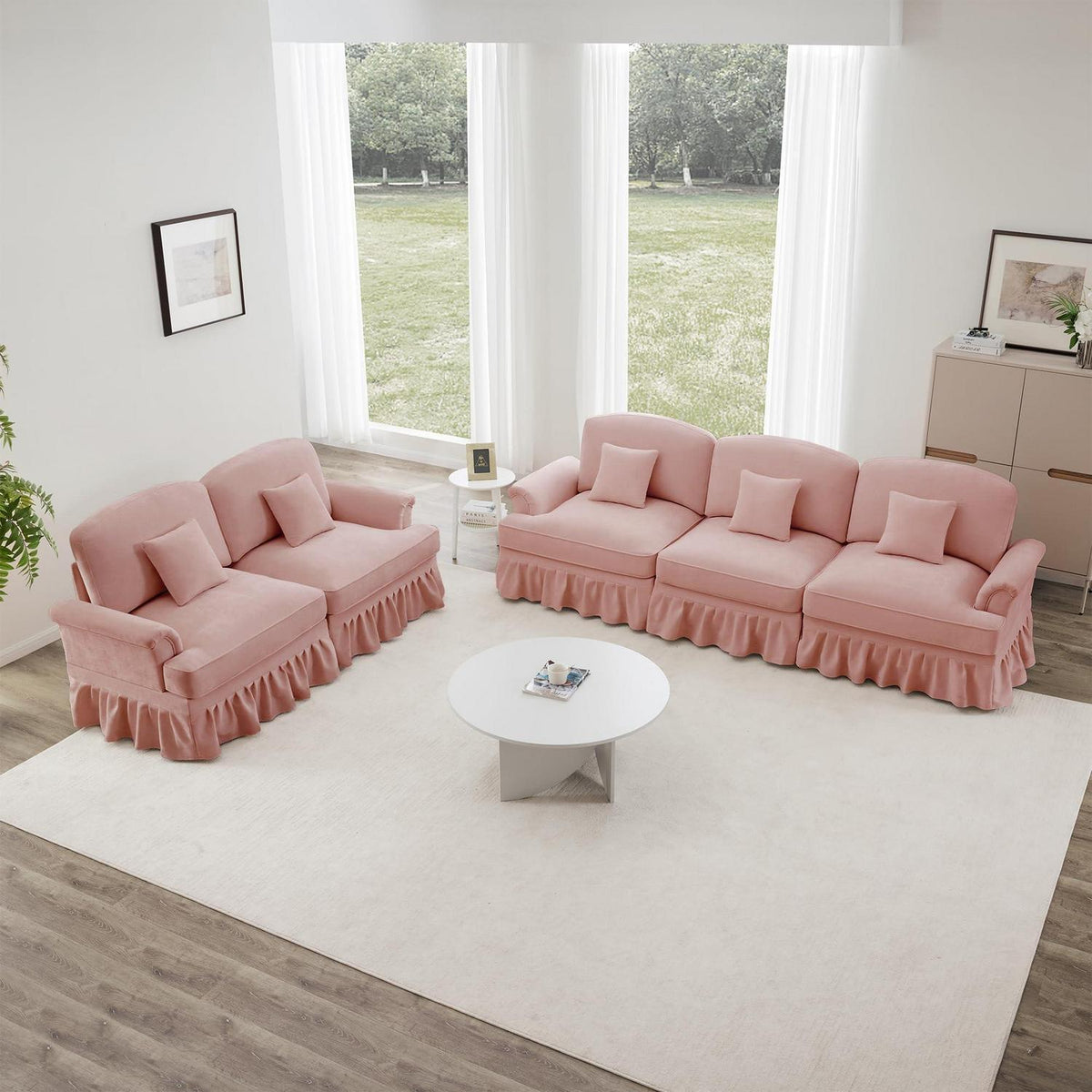Modulares Sofa 3-Sitzer & 2-Sitzer mit Rüschenschürze, Rosa