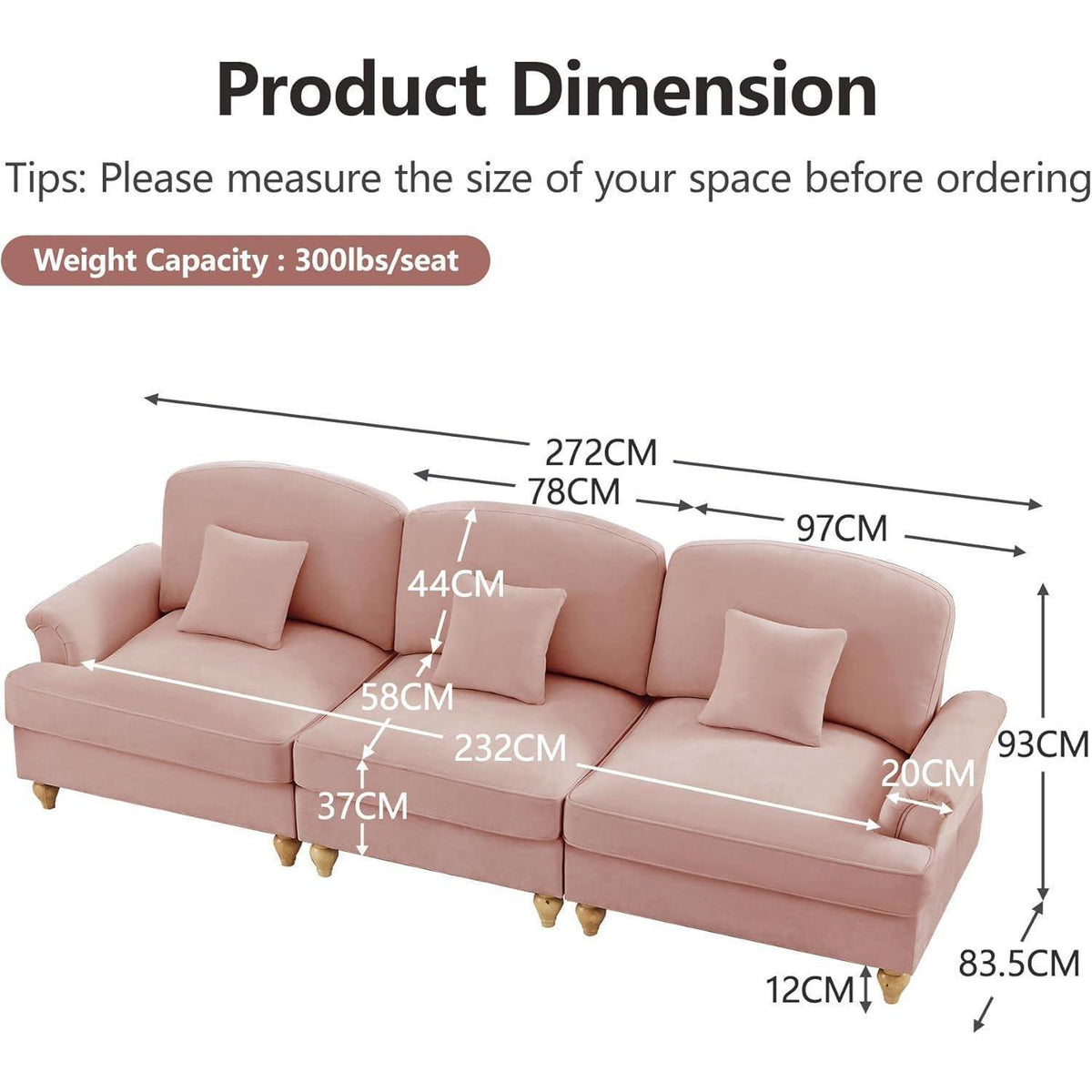 Modulares Sofa 3-Sitzer & 2-Sitzer mit Rüschenschürze, Rosa