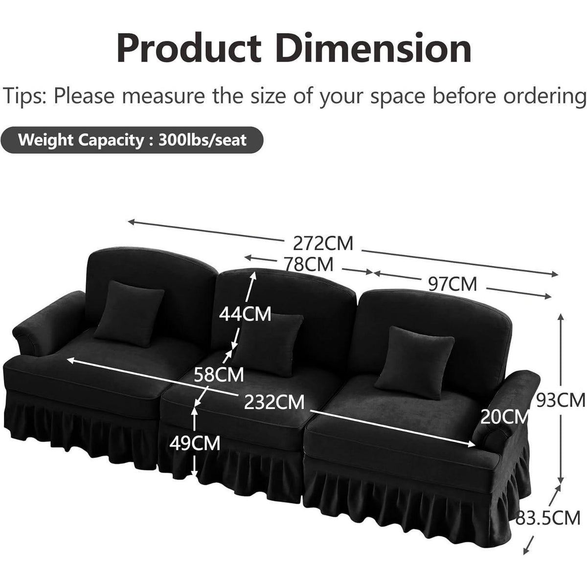 3-Sitzer Sofa Mittelalter-Modern | Abnehmbare Rüschenschürze & Kissen | Schwarz