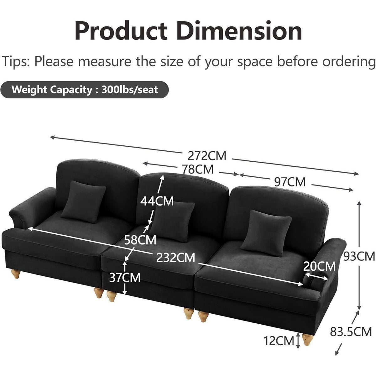 3-Sitzer Sofa Mittelalter-Modern | Abnehmbare Rüschenschürze & Kissen | Schwarz