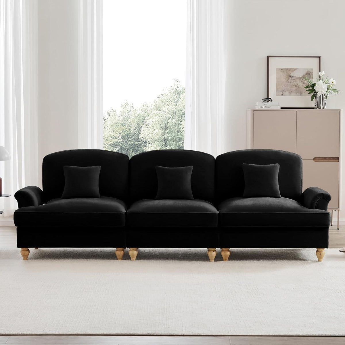 3-Sitzer Sofa Mittelalter-Modern | Abnehmbare Rüschenschürze & Kissen | Schwarz