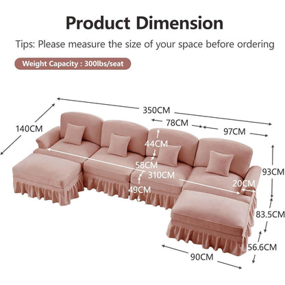 Mittelalter Ecksofa 4-Sitzer mit Rüschenschürze & Ottomane, Rosa