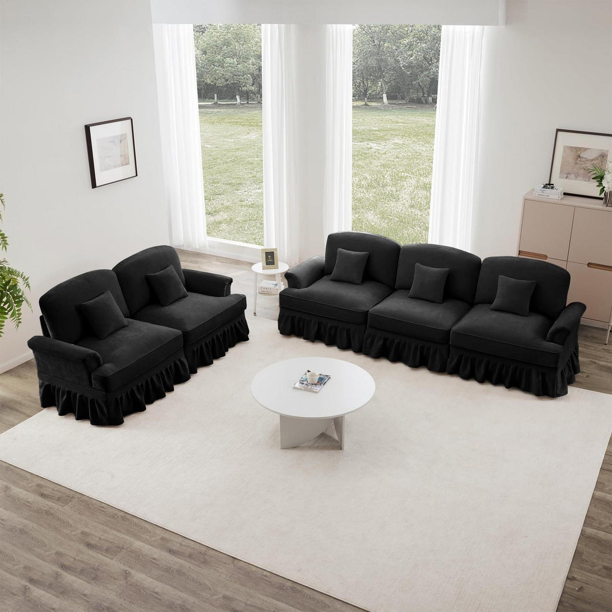 Modulares Sofa 3-Sitzer & 2-Sitzer mit Rüschenschürze, Schwarz