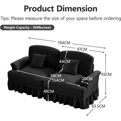 Modulares Sofa 3-Sitzer & 2-Sitzer mit Rüschenschürze, Schwarz