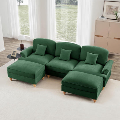 Mittelalter Ecksofa 3-Sitzer mit Ottomane & Rüschenschürze, Grün