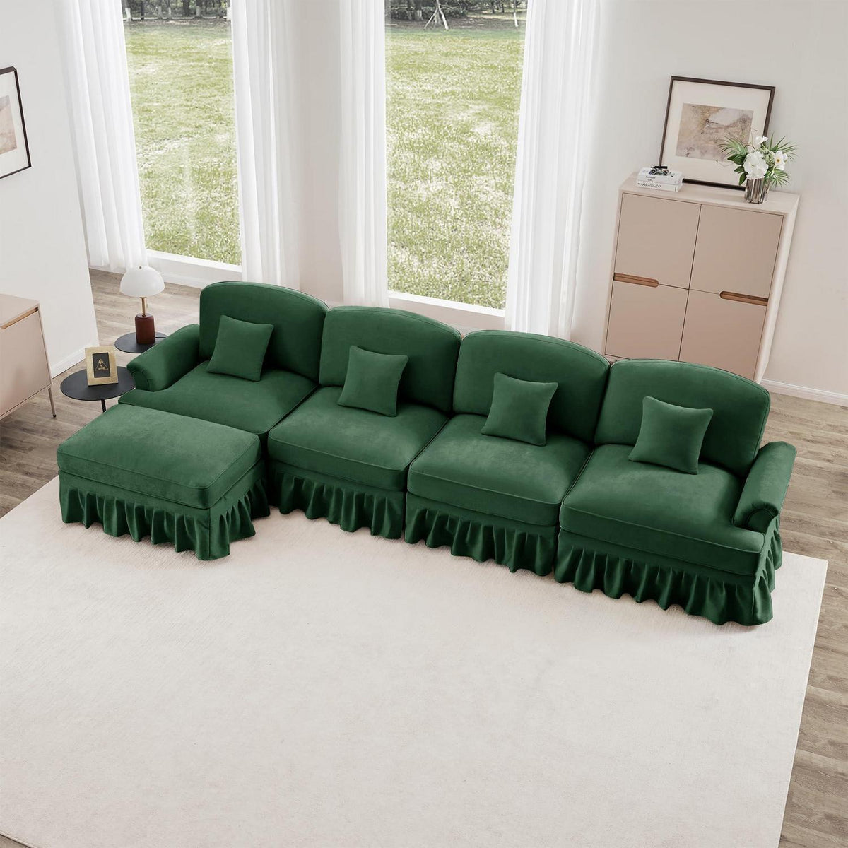 L-förmiges Ecksofa Mittelalter Stil, 4-Sitzer & Ottomane, Grün