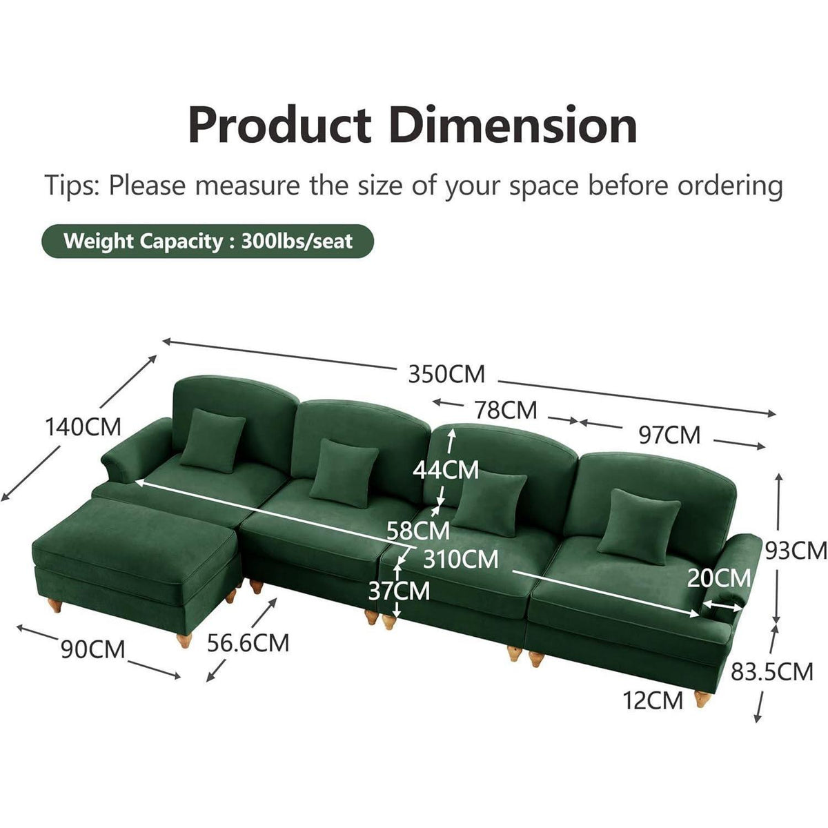L-förmiges Ecksofa Mittelalter Stil, 4-Sitzer & Ottomane, Grün