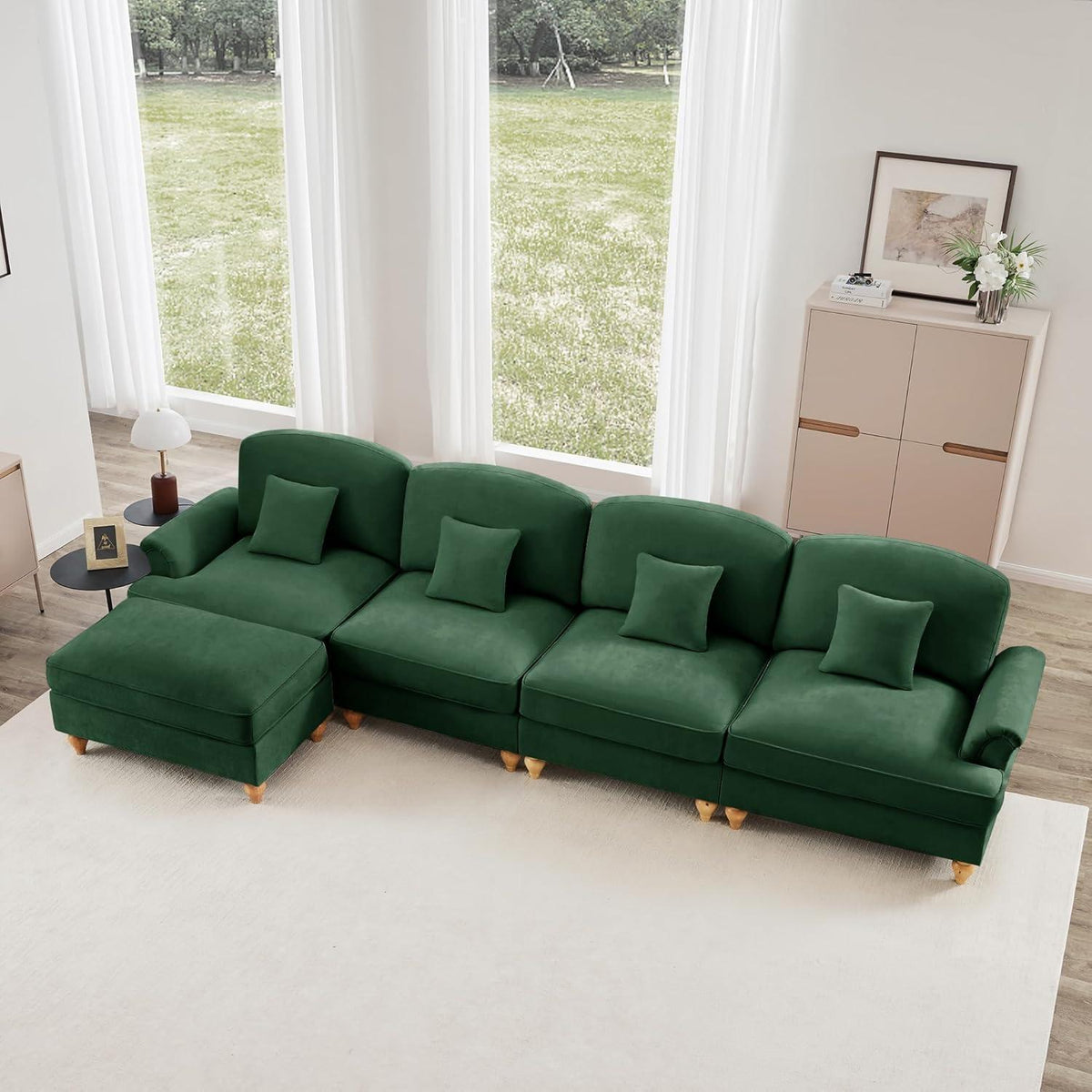 L-förmiges Ecksofa Mittelalter Stil, 4-Sitzer & Ottomane, Grün