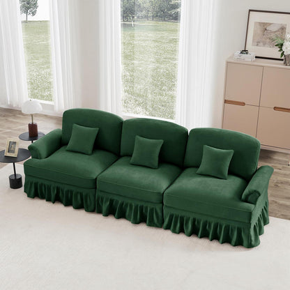 3-Sitzer Sofa Mittelalter-Modern, Grün mit Rüschenschürze & Kissen