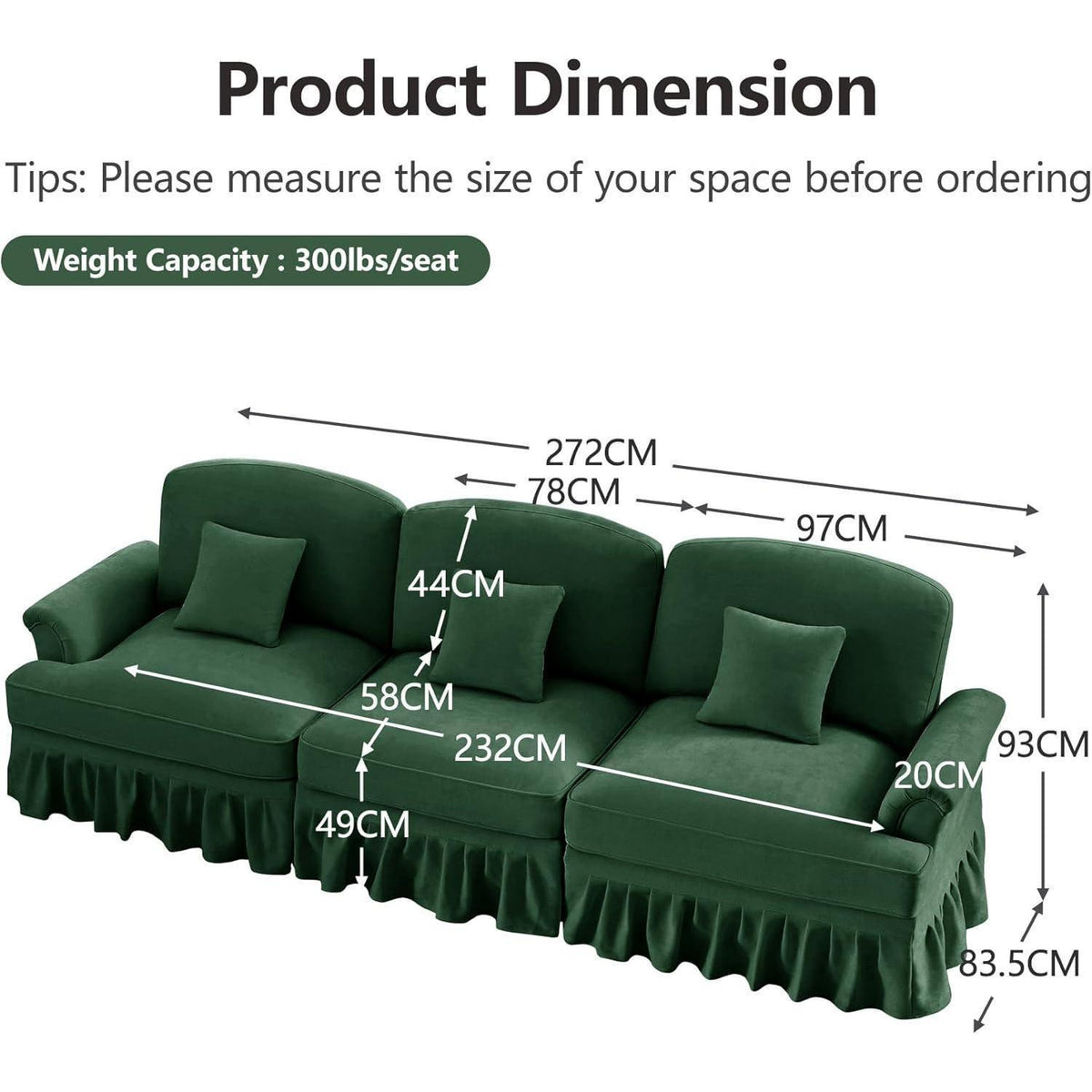 3-Sitzer Sofa Mittelalter-Modern, Grün mit Rüschenschürze & Kissen
