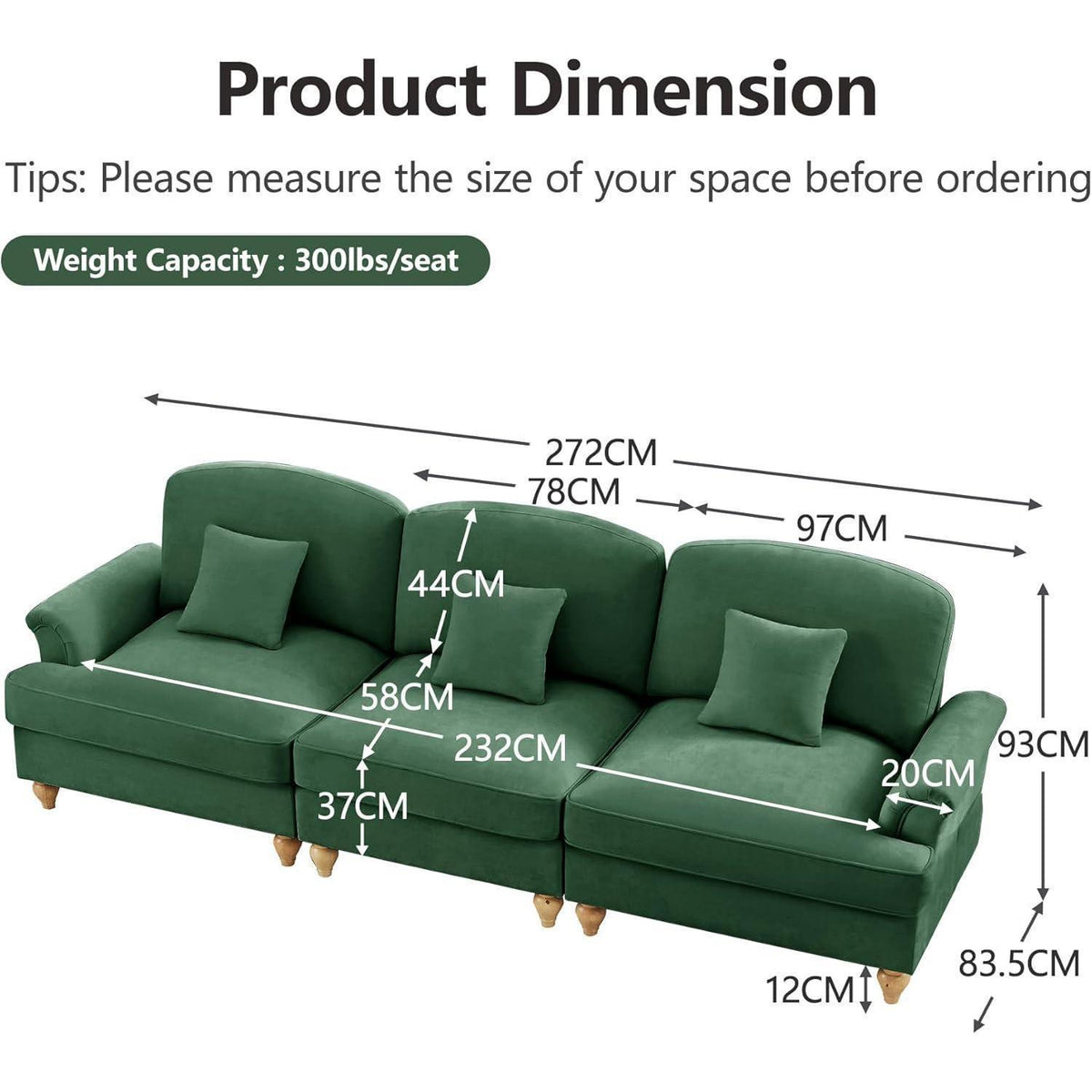 3-Sitzer Sofa Mittelalter-Modern, Grün mit Rüschenschürze & Kissen