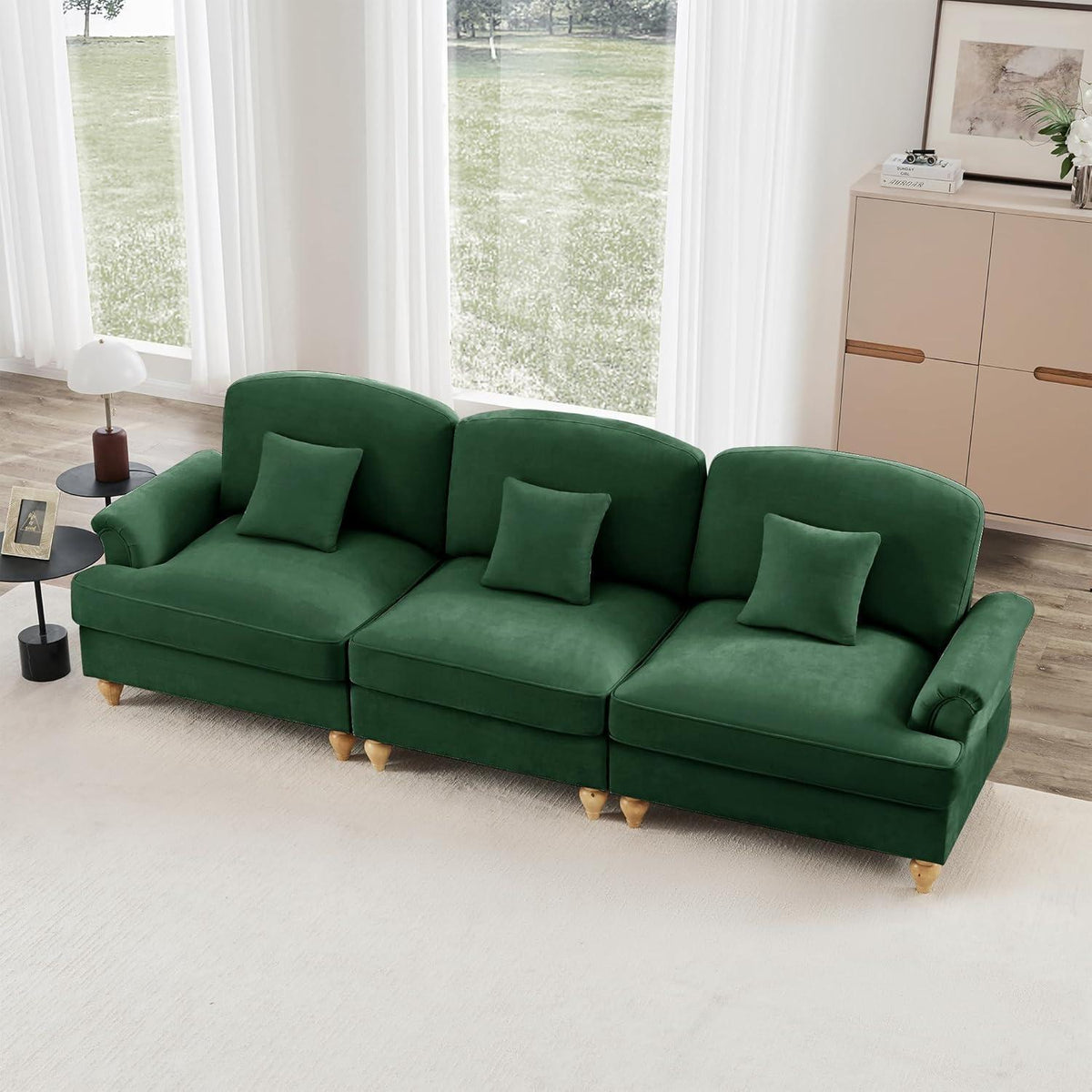 3-Sitzer Sofa Mittelalter-Modern, Grün mit Rüschenschürze & Kissen