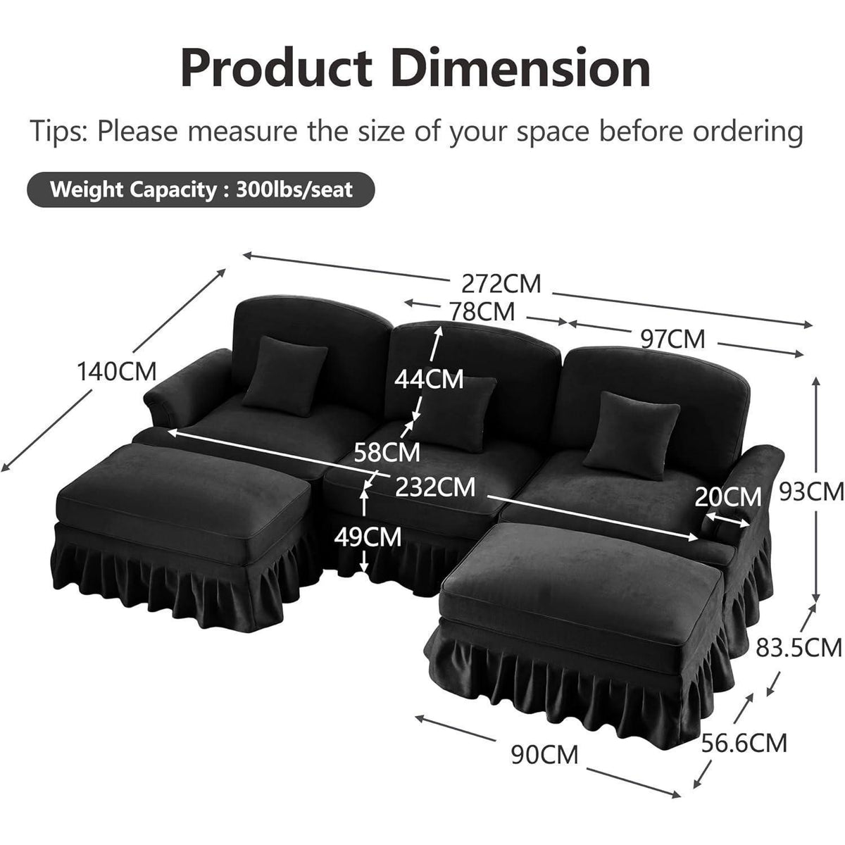 Mittelalter Ecksofa 3-Sitzer mit Ottomane & Rüschenschürze Schwarz