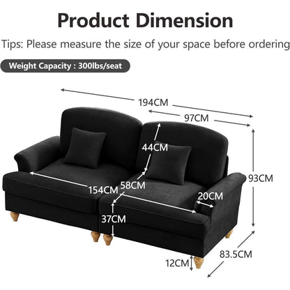 2-Sitzer Sofa Mittelalter-Modern | Abnehmbare Rüschenschürze & Kissen | Schwarz