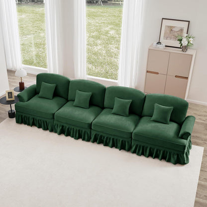 4-Sitzer Sofa Mittelalter-Modern, Grün mit Rüschenschürze & Kissen