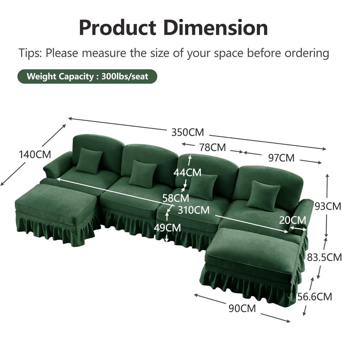 Mittelalter Ecksofa 4-Sitzer mit Ottomane & Rüschenschürze, Grün