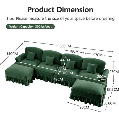 Mittelalter Ecksofa 4-Sitzer mit Ottomane & Rüschenschürze, Grün
