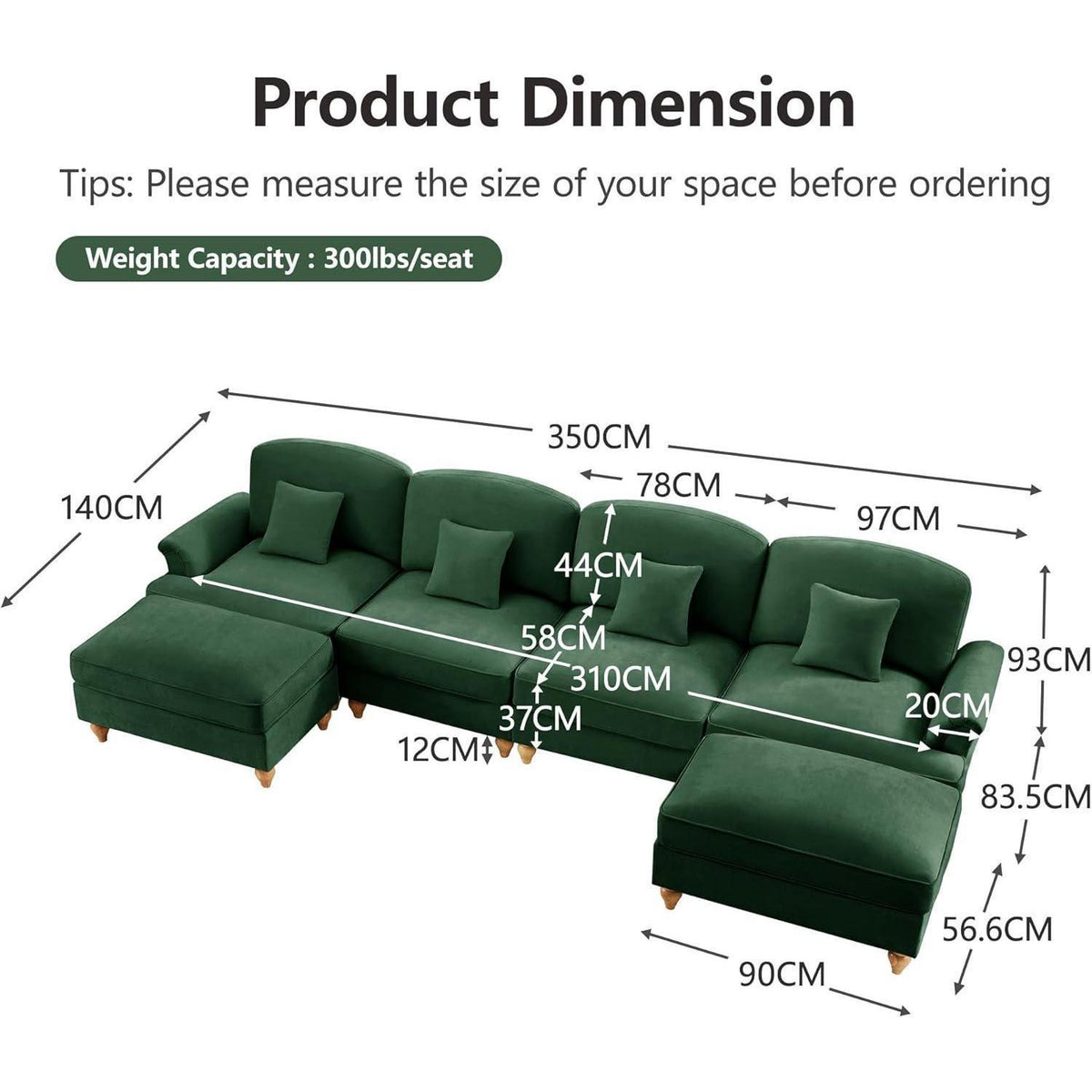 Mittelalter Ecksofa 4-Sitzer mit Ottomane & Rüschenschürze, Grün