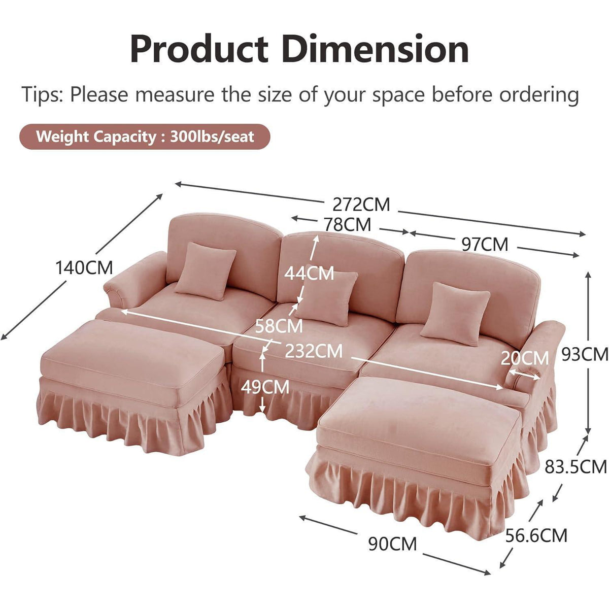 Mittelalter Ecksofa U-Formig 3-Sitzer Rosa mit Ottomane & Rüschenschürze