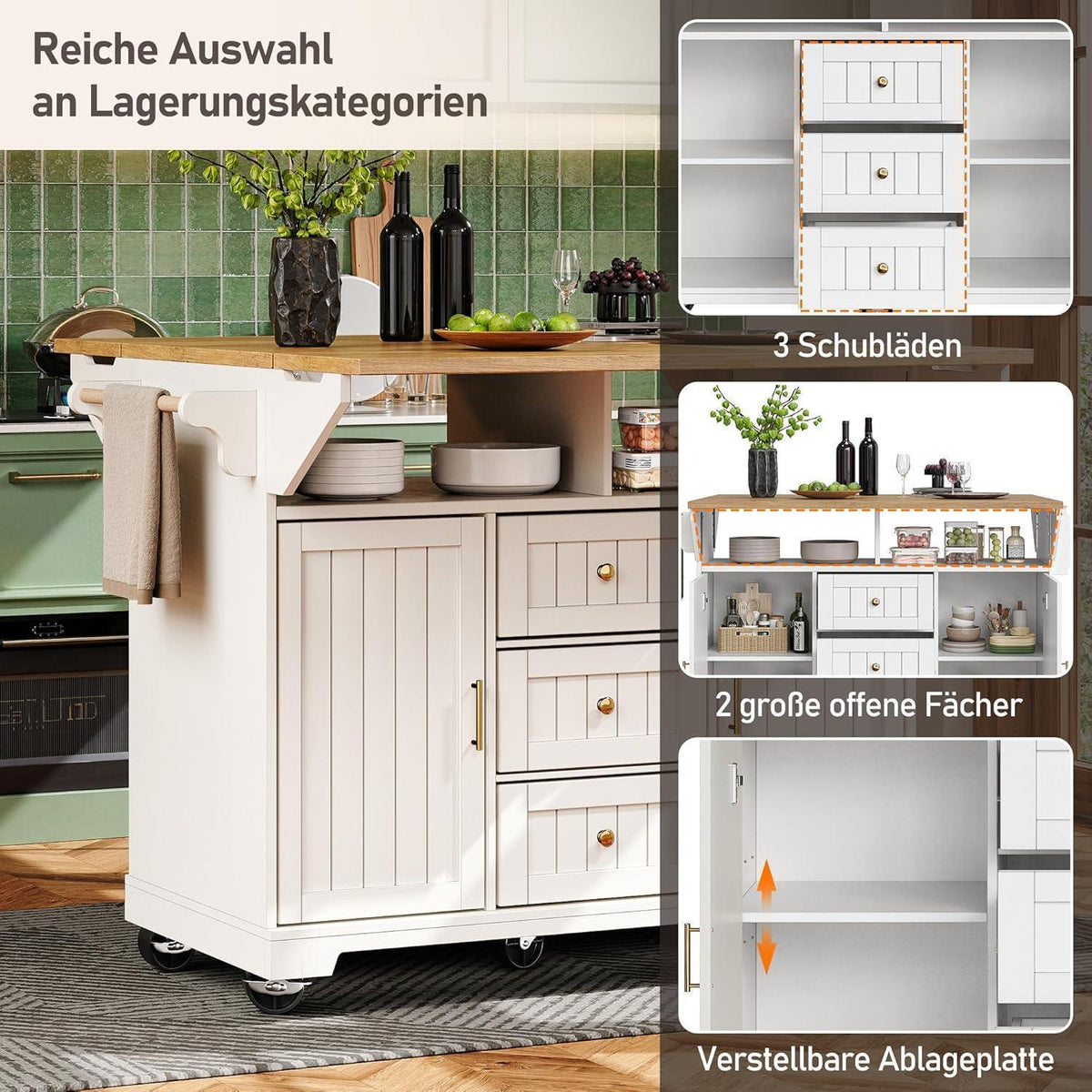 Küchenwagen mit Klapptisch & Schubladen – Weiß