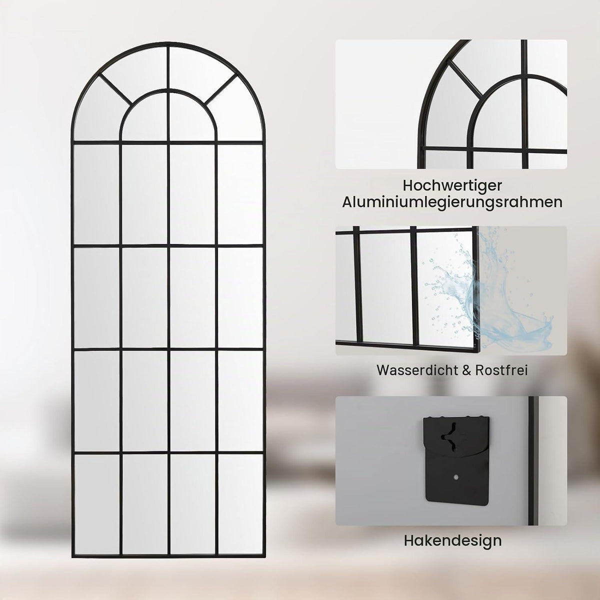 Gewölbter Wandspiegel Schwarz 76x180cm – Fenster Design