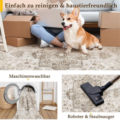 Vintage Läufer Beige 60x180cm – Waschbarer Teppich für Flur