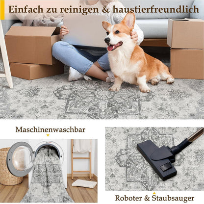 Vintage Teppichläufer Grau 60x240cm Waschbar – Flur Läufer