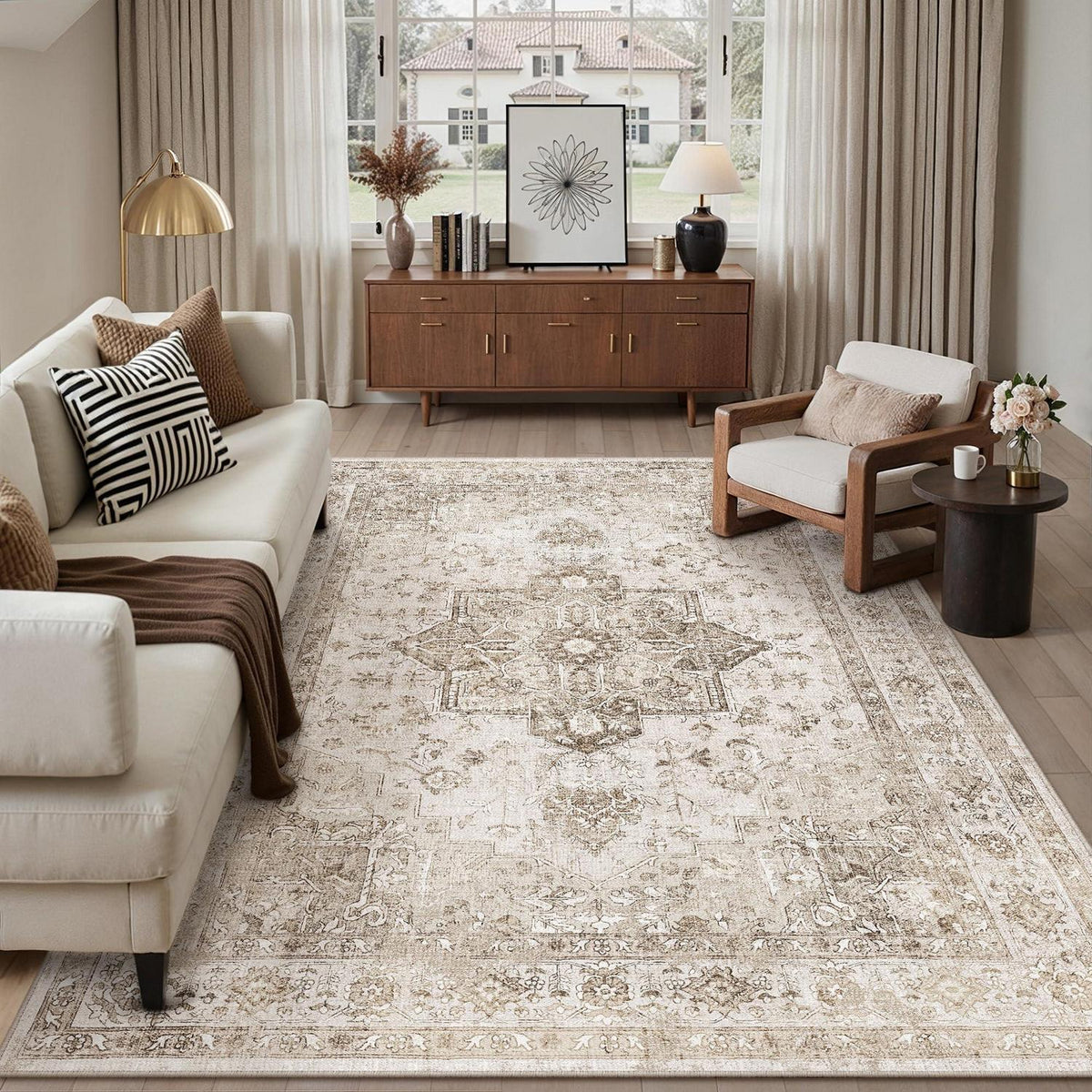 Vintage Teppich Beige 300x400cm Waschbar Rechteckig Wohnzimmer