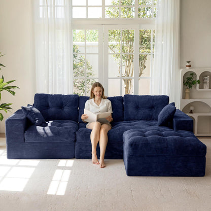 L-förmiges Cord Sofa mit Schlaffunktion – Dunkelblau, 264x171 cm