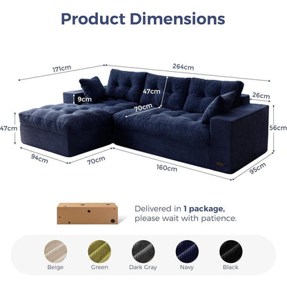 L-förmiges Cord Sofa mit Schlaffunktion – Dunkelblau, 264x171 cm
