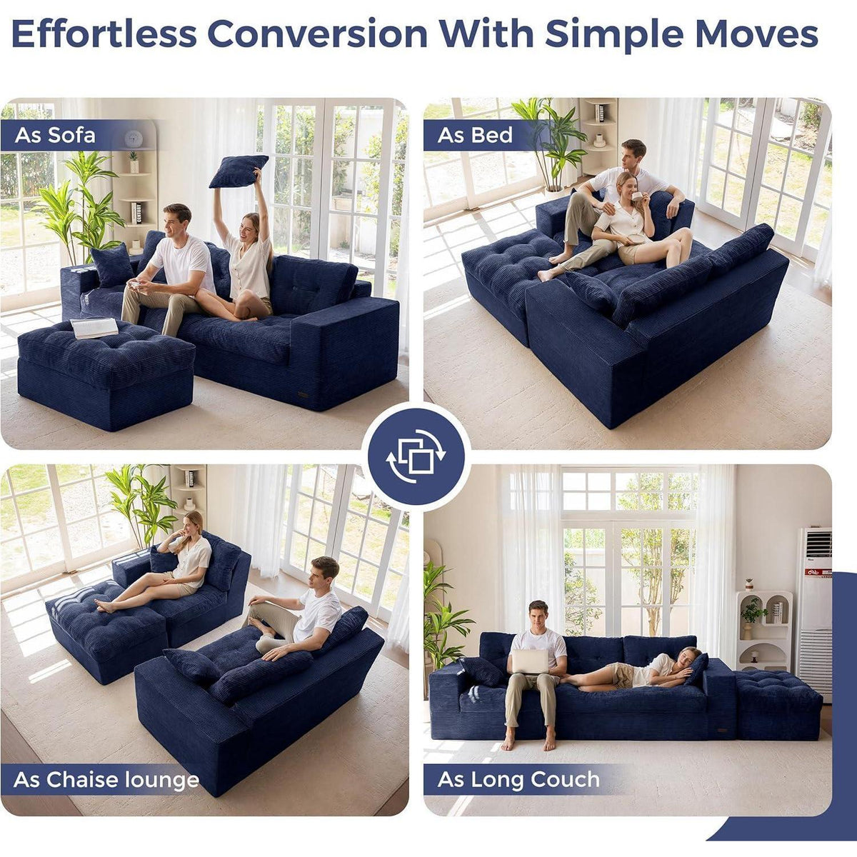 L-förmiges Cord Sofa mit Schlaffunktion – Dunkelblau, 264x171 cm